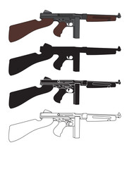 Tommy gun. American submachine gun. Vector illustration set