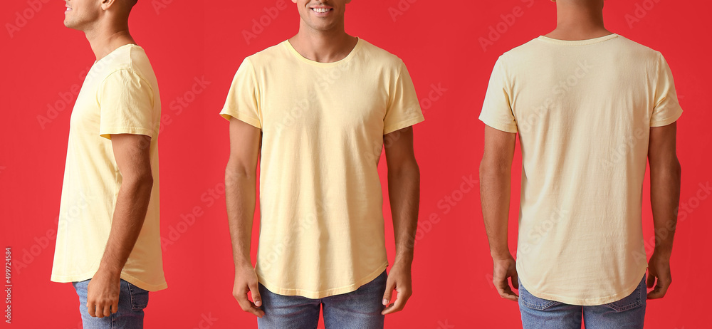 Wall mural set of young man in modern t-shirt on red background. mockup for design