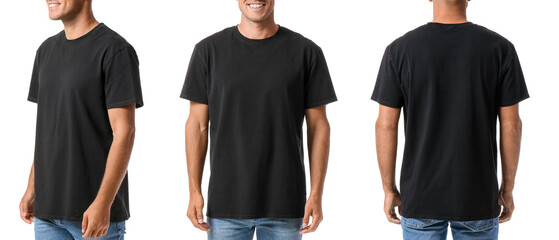 Set of young man in black t-shirt on white background. Mockup for design - obrazy, fototapety, plakaty