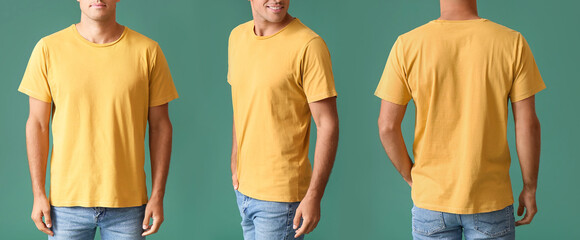 Set of young man in yellow t-shirt on green background. Mockup for design