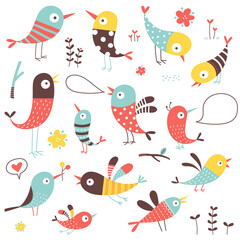 Obraz premium Set of cute and whimsical birds illustrations