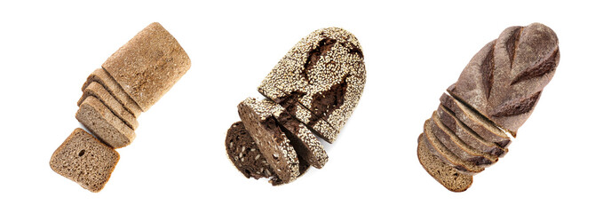 Set of cut fresh bread on white background