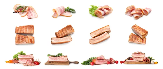 Photo sur Plexiglas Légumes frais Tasty smoked bacon with spices, herbs and vegetables on white background