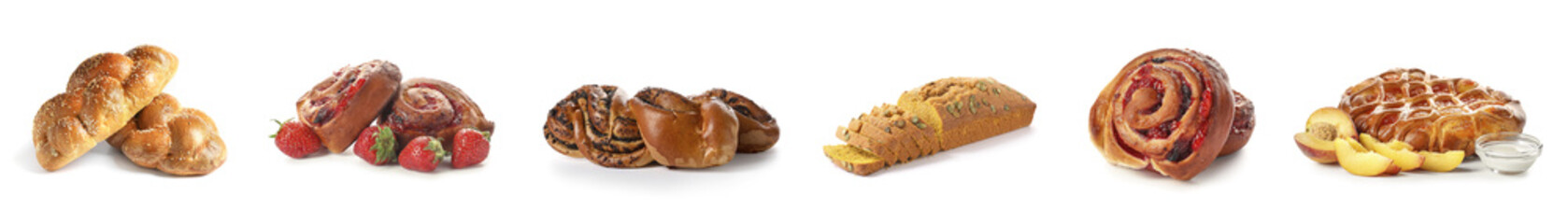 Set of tasty fresh bakery on white background