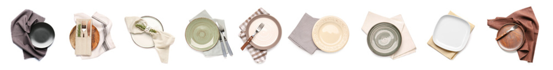 Plate with stylish napkin on white background