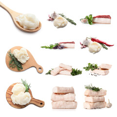 Set of fresh pork fat and lard on white background