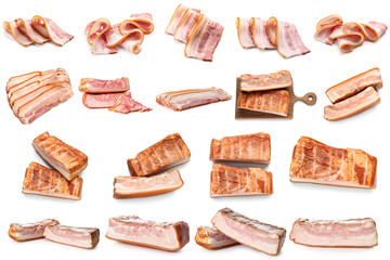 Tasty smoked bacon on white background