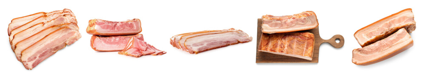 Tasty smoked bacon on white background
