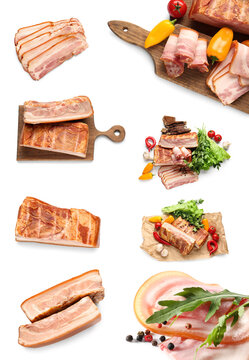 Tasty smoked bacon with spices and vegetables on white background