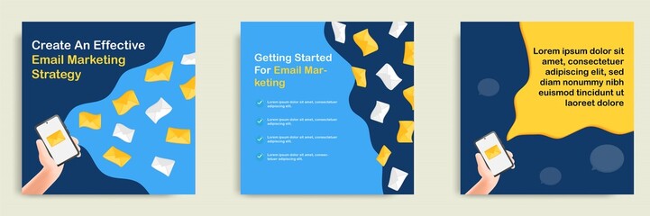 3D cartoon style. Social media informative email marketing strategy tips post banner template layout design. Hand holding smart phone sending mail blast