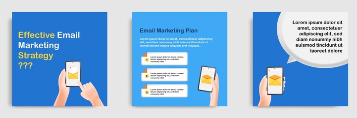 3D cartoon style. Social media informative email management strategy tips post banner template layout design. Hand holding smart phone opening mailbox