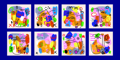 Fototapeta premium Abstract line art background, posters wall art set with different human face portrait vector illustration. Contemporary modern design,doodle shapes.