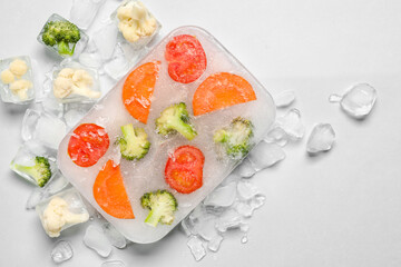 Fresh vegetables frozen in ice on light background
