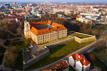 Aerial view of Rzeszow landscape overlooking main city landmark - historic Lubomirski castle in sunny spring day, Poland..