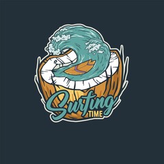 Surfing wave with coconut and surf for summer print. Hawaii surf design for surfing time