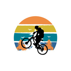 Illustration fly biker on the forest design background
