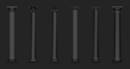 3d realistic antique classic architecture design black color columns isolated on dark background vector illustrations set