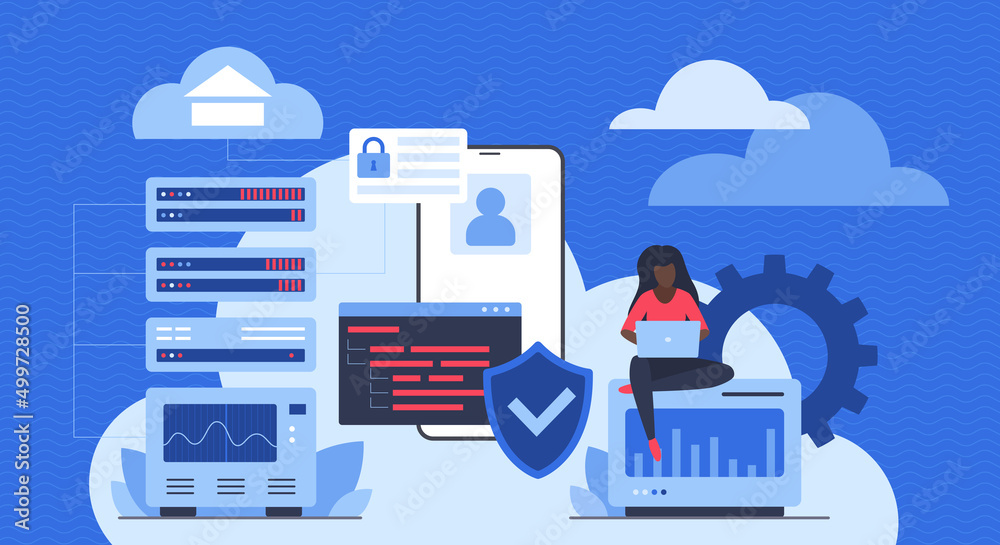 Aufkleber Data protection, privacy and cloud security. Tiny character with computer cyber infrastructure, safe digital account and database server storage flat vector illustration. Firewall, internet concept
