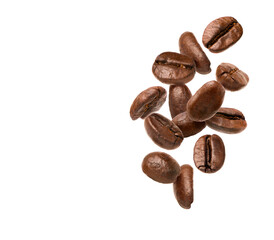 Falling coffee beans isolated on white background,