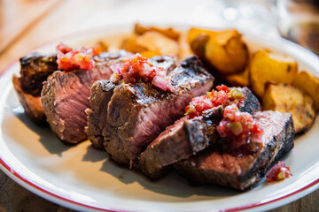 Rib eye steak with potatoes and Creole sauce