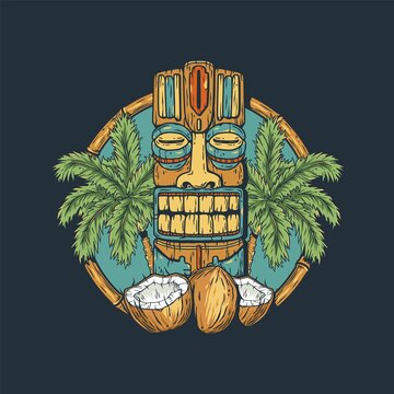 Tiki mask and tropical fruits. Exotic palm and coconut for summer hawaiian tiki bar or tropic beach