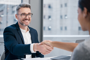 Youre hired. Shot of two businesspeople shaking hands in an office.