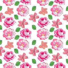 Seamless floral pattern.Silhouette of flowers with branches, leaves and berries. Abstract roses, tender pastel colors. Perfect for cotton fabric, texture, paper, shawls.