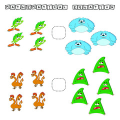 ​​Which is greater, less or equal game with funny monsters. Worksheet for preschool kids, kids activity sheet, printable worksheet