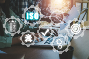 ISO standards quality control concept, Business team discussing data and document data with VR...