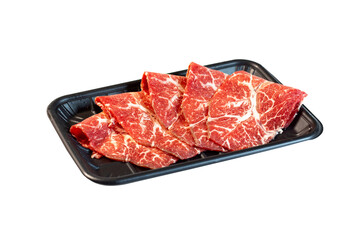 Side view of sliced ​​pork loin in clear plastic tray, isolated on white background.
Buffet menu prepared for Sukiyaki and Shabu