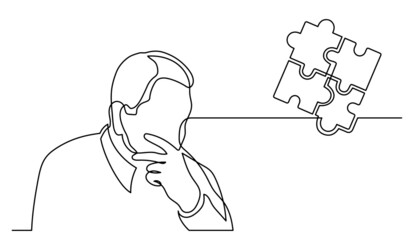 one line drawing of person thinking about idea solving problems finding solutions