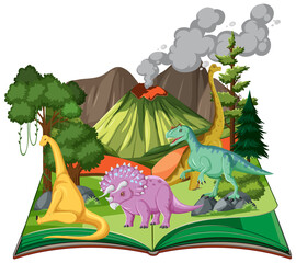 Scene with dinosaurs by the volcano