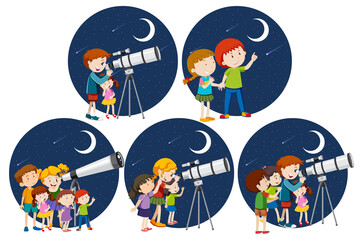 Fototapeta premium Set of different kids looking through telescope at night