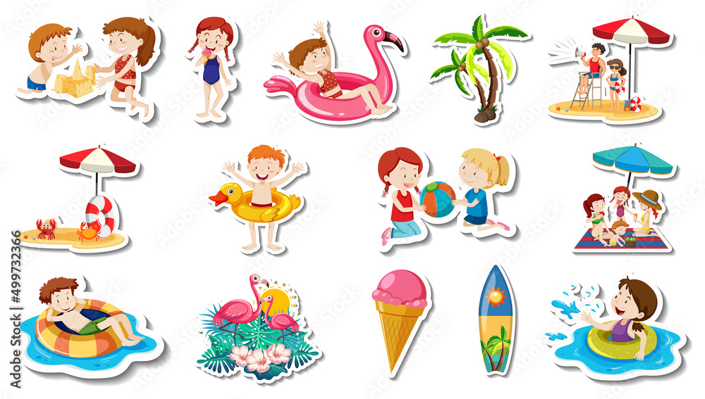 Sticker Set of summer beach items and children