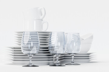 Realistic 3d illustration of an empty set of dishes. Clean dishes, folded kitchen utensils, plates, glasses, glasses. 