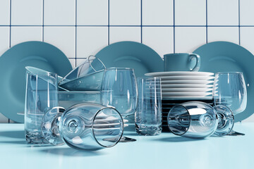 Realistic 3d illustration of an empty set of dishes. Clean dishes, folded kitchen utensils, plates, glasses, glasses. Stack of clean dishes illustration. 