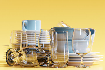 Set of clean plates, glasses, glasses. 3d illustration. Realistic crockery, folded kitchen utensils. A stack of ceramic dishes.