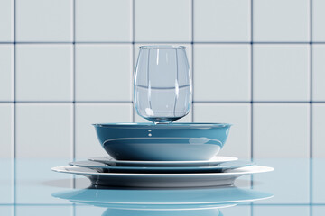 Realistic 3d illustration of an empty set of dishes. Clean dishes, folded kitchen utensils, plates, glasses, glasses. Stack of clean dishes illustration.