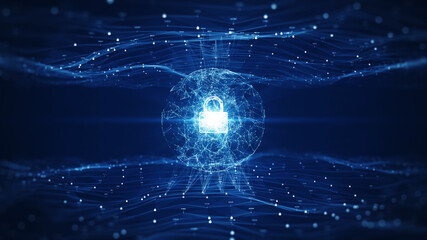 Cybersecurity Big Data. The dominant circular interconnected polygon in the center, within which there is a large padlock. Top and bottom small padlock binary polygon waves with dark blue background.