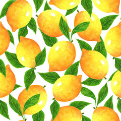 Lemons seamless watercolor pattern. Branch with fresh garden citruses, leaves on white background. Ripe tropical fruits, hand drawn. Summer backdrop for decoration, card design, web