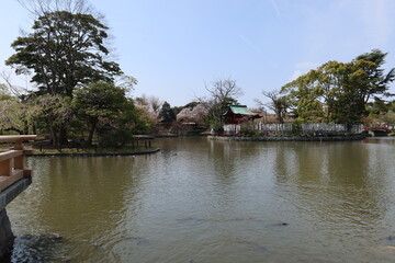 Obraz premium Hataage-benzaiten-sha Subordinate Shrine and Genji-ike Pond in the precincts of Tsuruoka-hachimangu Shrine in Kamakura City in Kanagawa Prefecture in Japan 日本の神奈川県鎌倉市にある鶴岡八幡宮の摂社旗上弁財天社と源氏池