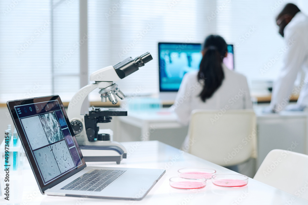 Poster laptop with scientific image of magnified virus cells or bacteria on screen standing on workplace of