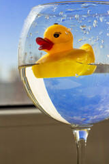 Rubber yellow duck with big red lips swims in a large glass of water against a blue sky. Vacation and travel concept. Ukraine flag colors