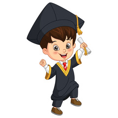 Cartoon little boy in graduation costume holding a diploma - obrazy, fototapety, plakaty