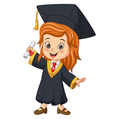 Cartoon little girl in graduation costume holding a diploma
