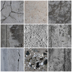 Texture set of old cracked concrete walls. Rough gray concrete surfaces with stones. Backgrounds collection for design.
