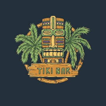 Tiki bar with tiki mask, wooden signboard and tropical leaves of palm for summer hawaii surfing and tropic exotic beach