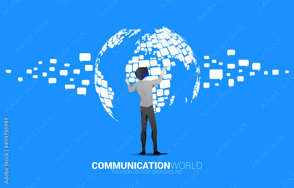 Poster silhouette businessman wear vr glasses with group of speech bubble icon shape to world map . concept