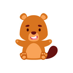 Naklejka premium Cute little sitting beaver. Cartoon animal character design for kids t-shirts, nursery decoration, baby shower, greeting cards, invitations, bookmark, house interior. Vector stock illustration