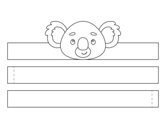 Printable koala paper crown. Fun accessory for entertainment. Diy cut party ribbon template for birthday, christmas, baby shower. Print, color, cut and glue. Vector stock illustration.